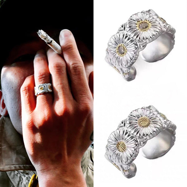 Trendy GD Quan Zhilong Little Daisy Ring Hip Hop Same Style Chrysanthemum Titanium Steel Ring Trendy Men's and Women's Hand Accessories