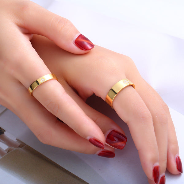 Minimalist titanium steel smooth plated 18K gold cross heart set with diamonds, a couple's ring made of stainless steel