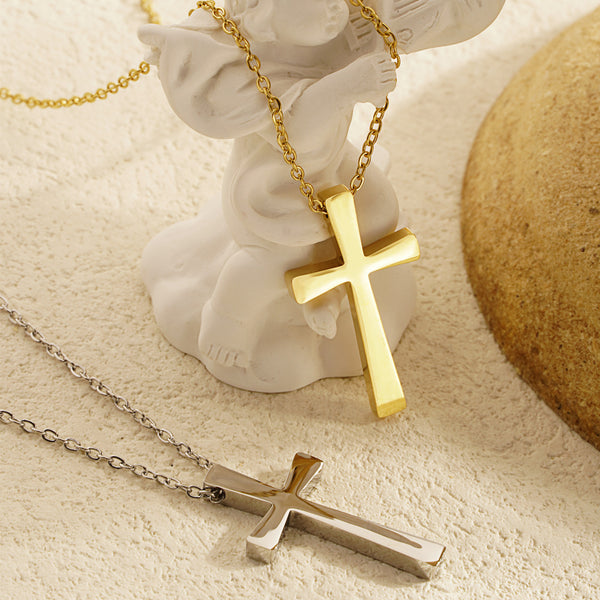 Advanced, fashionable, simple, smooth cross necklace with versatile temperament, stainless steel gold-plated pendant, collarbone chain