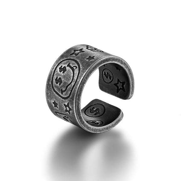 Trendy retro personalized graffiti smiley face ring, versatile for men and women on the street, jumping and dancing, made of titanium steel with an open mouth ring, hand jewelry