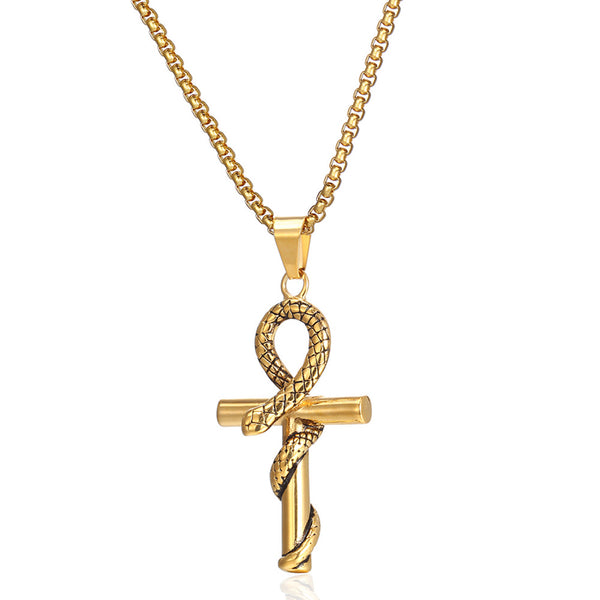 Ancient Egyptian Anka Pendant Retro Serpentine Cross Trendy Men and Women Versatile Personalized Titanium Sweater Chain Accessories