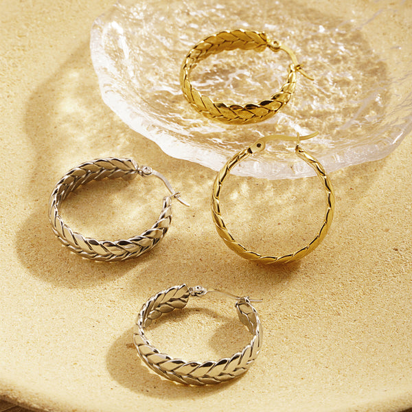 French stainless steel plated 18K gold high-end metal woven earrings for women's temperament, versatile wheat ear earrings