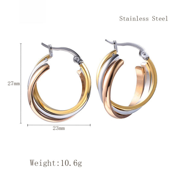 Personalized creativity, European and American fashion charm, women's earrings, stainless steel tricolor earrings, simple jewelry, titanium steel earrings